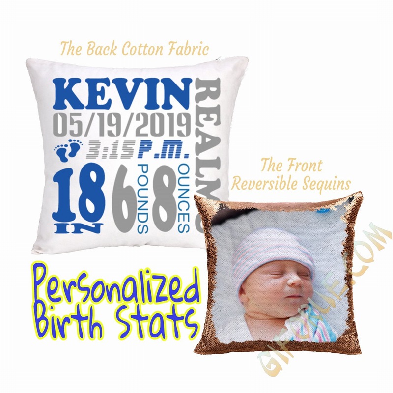 Custom Newborn Birth Announcement Boy Gift Personalized Sequin Pillow - Click Image to Close